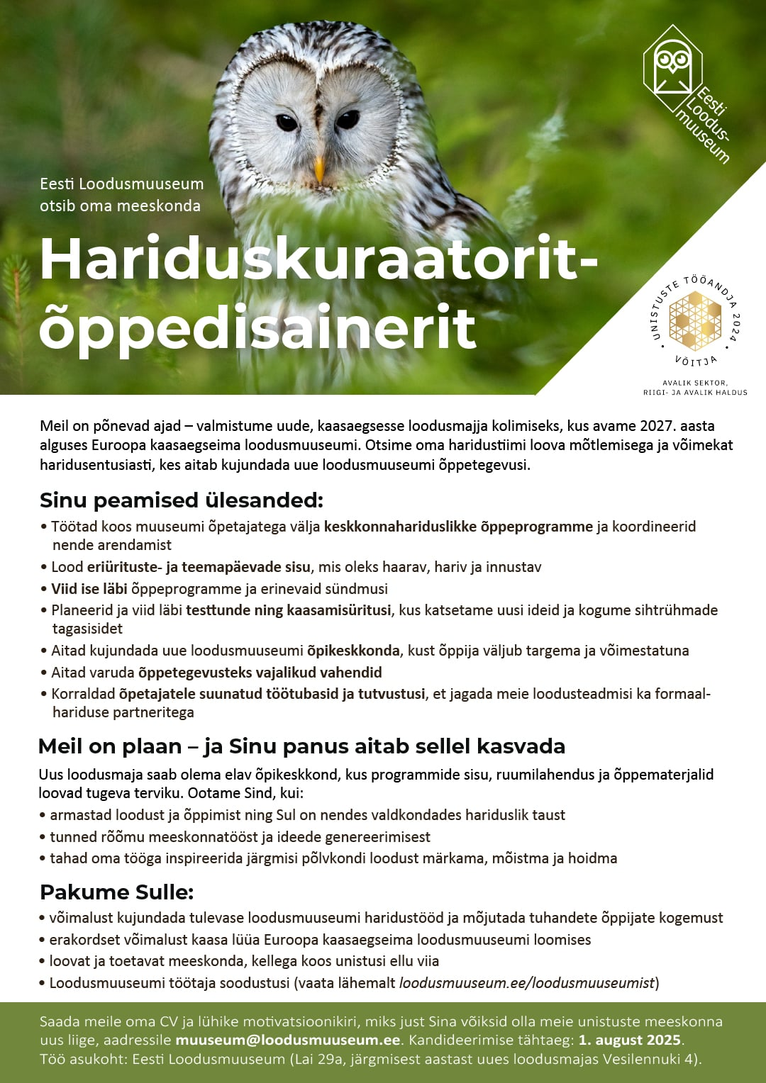 hariduskuraator-õppedisaineri töökuulutus