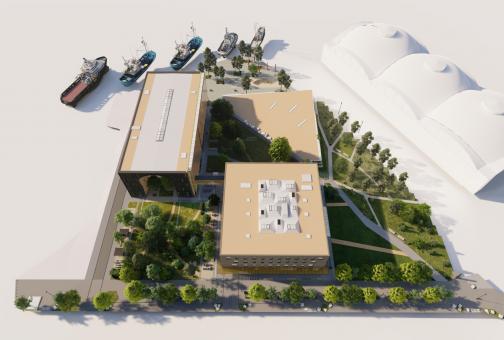 3D vaade Loodusmajale õhust - üleval vasakul nurgas dokihoone, all paremal linnamaja ning nende vahel kolmnurkne muuseumimaja
